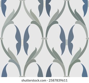 Vintage Art Deco Seamless Pattern. Geometric decorative with abstract elements. Retro background. Nature background. Butterfly. Grey, green, beige, blue, white