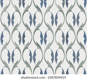 Vintage Art Deco Seamless Pattern. Geometric decorative with abstract elements. Retro background. Nature background. Butterfly. Grey, green, beige, blue, white