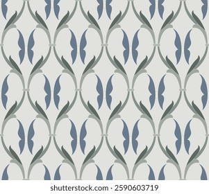 Vintage Art Deco Seamless Pattern. Geometric decorative with abstract elements. Retro background. Nature background. Butterfly. Grey, green, beige, blue, white 