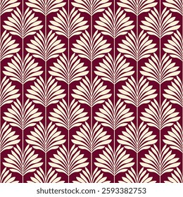 Vintage Art Deco Seamless Pattern. Geometric decorative with leaf texture. Retro background. Dark red background. Beige leaf. Wallpaper