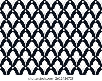 Vintage Art Deco Seamless Pattern. Geometric decorative with leaf texture. Retro background. Black background. White leaf. Wallpaper