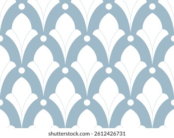 Vintage Art Deco Seamless Pattern. Geometric decorative with leaf texture. Retro background. Blue background. White leaf. Wallpaper