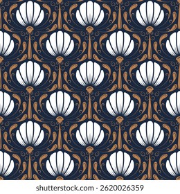 Vintage Art Deco padrão sem emenda. Geométrico decorativo com textura de flor. Fundo retrô. Fundo azul escuro. Folha bege e branca. Papel de parede