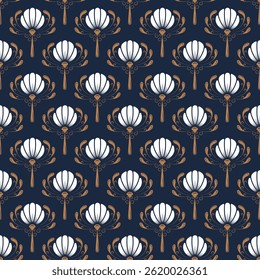 Vintage Art Deco Seamless Pattern. Geometric decorative with flower texture. Retro background. Dark blue background. Beige and white leaf. Wallpaper
