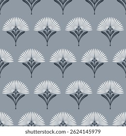 Vintage Art Deco padrão sem emenda. Geométrico decorativo com textura de flor. Fundo retrô. Fundo cinza e azul. Flor e folha brancas. Papel de parede