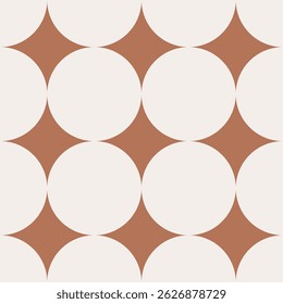 Patrón inconsútil del art déco de Antiguas. Geométrica decorativa con círculo. Fondo retro. Fondo marrón. Círculo blanco. Fondo de pantalla. Abstractas