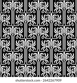 Vintage Art Deco Seamless Pattern. Geometric decorative with leaf texture. Retro background. Black and white background. White leaf. Wallpaper