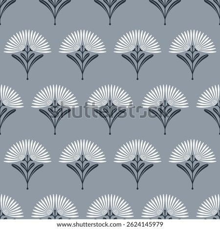 Vintage Art Deco Seamless Pattern. Geometric decorative with flower texture. Retro background. Grey and blue background. White flower and leaf. Wallpaper