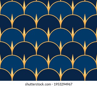 Vintage Art Deco Style Pattern With Fan Shaped Motifs In Shades Of Blue With Golden Details. Vintage Gold And Blue Geometric Patten.