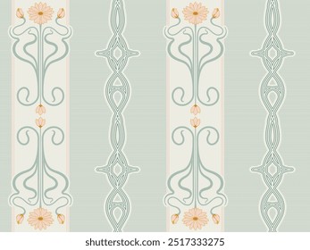 Vintage art deco-inspired seamless floral stripes, vertical design great for cottage farmhouse themes, home decor, wallpapers, gift wrapping stationery, scrapbooking, quilting