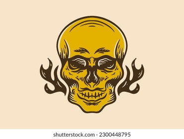 Vintage art drawing design of skull with flame