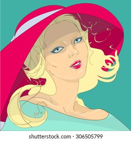 Vintage art girl in a red hat on a blue background