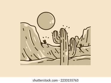Vintage art illustration of cactus on the desert