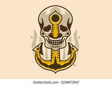 Vintage art illustration design of anchor stuck in the skull