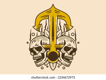 Vintage art illustration design of anchor and two skulls