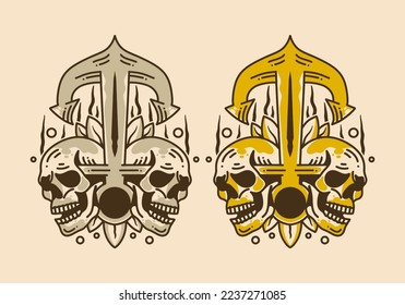 Vintage art illustration design of anchor and two skulls