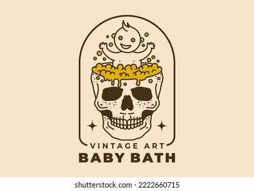 Vintage art illustration design of a baby bath on the skull pond