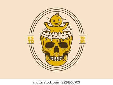 Vintage art illustration design of a baby bath on the skull pond