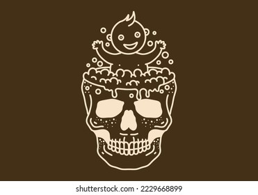 Vintage art illustration design of a baby bath on the skull pond