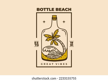 Vintage art illustration design of a beach in the bottle
