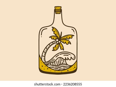 Vintage art illustration design of a beach in the bottle