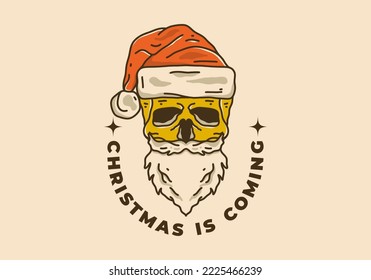 Vintage art illustration design of beard skull wearing santa hat