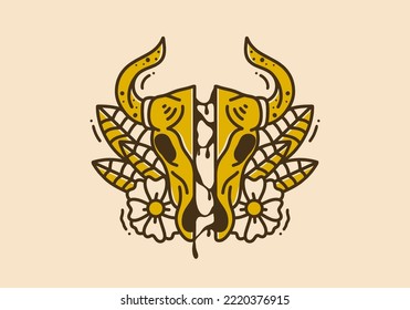 Vintage art illustration design of a bull skull and flowers round it
