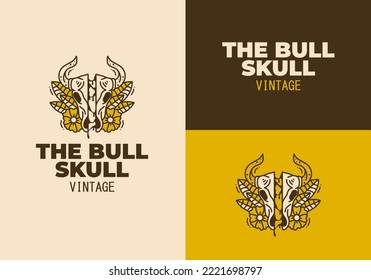 Vintage art illustration design of a bull skull and flowers round it