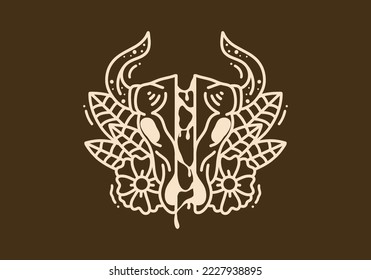 Vintage art illustration design of a bull skull and flowers round it