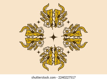 Vintage art illustration design of a bull skull and flowers round it