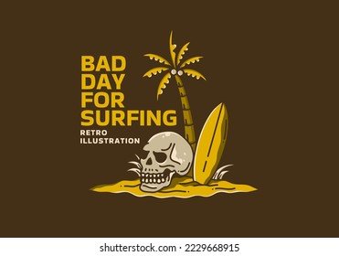 Vintage art illustration design of the coconut tree, surfing board and skull