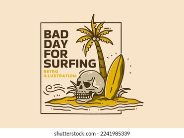 Vintage art illustration design of the coconut tree, surfing board and skull