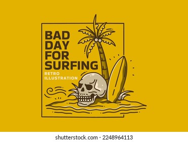 Vintage art illustration design of the coconut tree, surfing board and skull