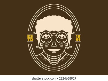 Vintage art illustration design of a curly girl face wearing big round glasses