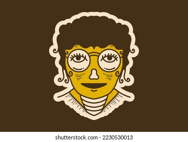 Vintage art illustration design of a curly girl face wearing big round glasses