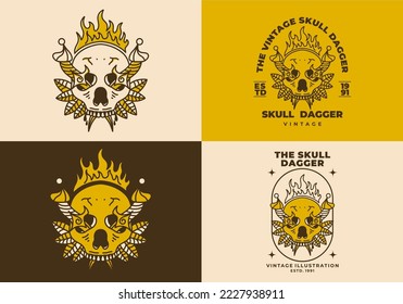 Vintage art illustration design of a dagger stuck in skull