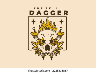 Vintage art illustration design of a dagger stuck in skull