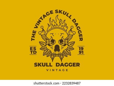 Vintage art illustration design of a dagger stuck in skull