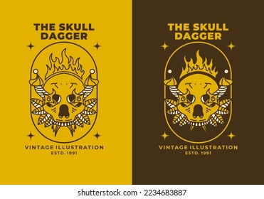 Vintage art illustration design of a dagger stuck in skull