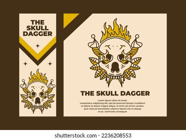 Vintage art illustration design of a dagger stuck in skull