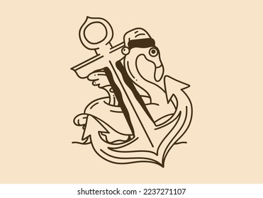 Vintage art illustration design of flamingo lifebuoy and the anchor