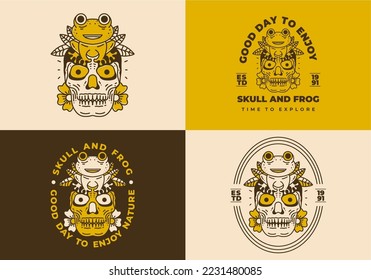 Vintage art illustration design of a frog sit on the skull