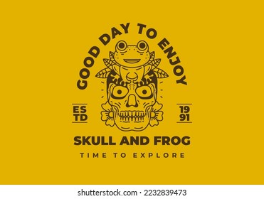 Vintage art illustration design of a frog sit on the skull