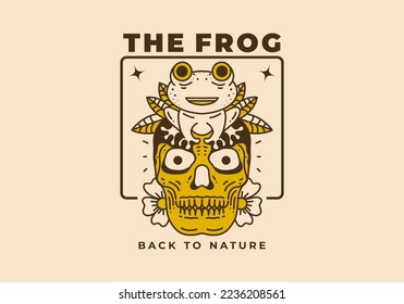 Vintage art illustration design of a frog sit on the skull