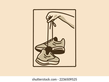 Vintage art illustration design of hand holding shoes