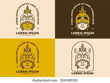 Vintage art illustration design of a man face hiding behind the skull mask