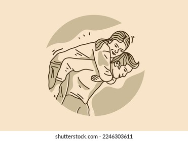 Vintage art illustration design of man carrying woman