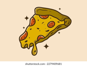 Vintage art illustration design of melted pizza slice