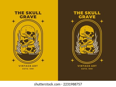 Vintage art illustration design of a pile of skulls