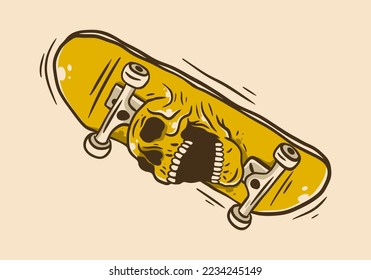 Vintage art illustration design of a skateboard and skull